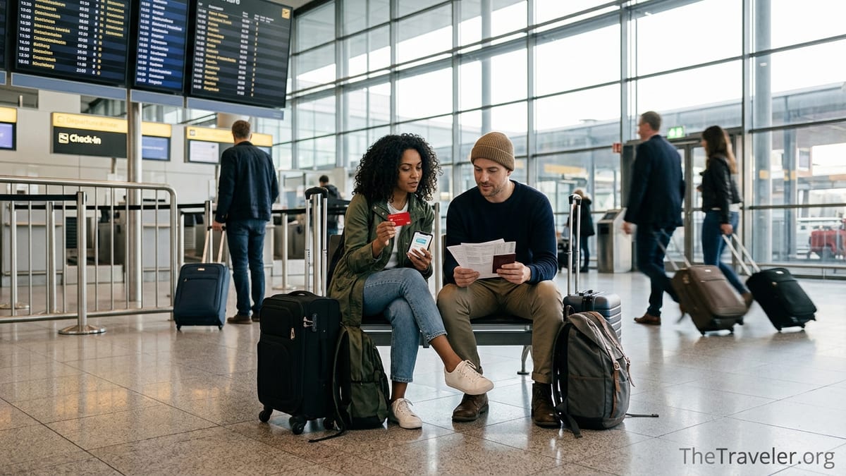 Traveler holding a red insurance debit card and phone in a busy airport departure hall.