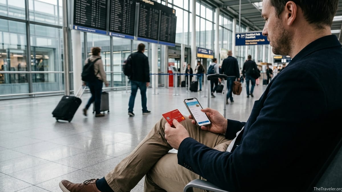 Traveler in a modern airport holding a red insurance card and phone with app open.