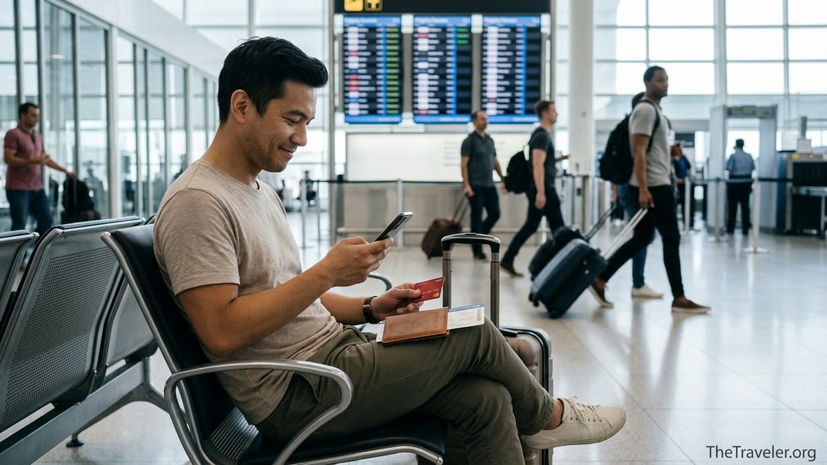 Traveler in an airport lounge holding a red insurance card and phone with planes outside the window.