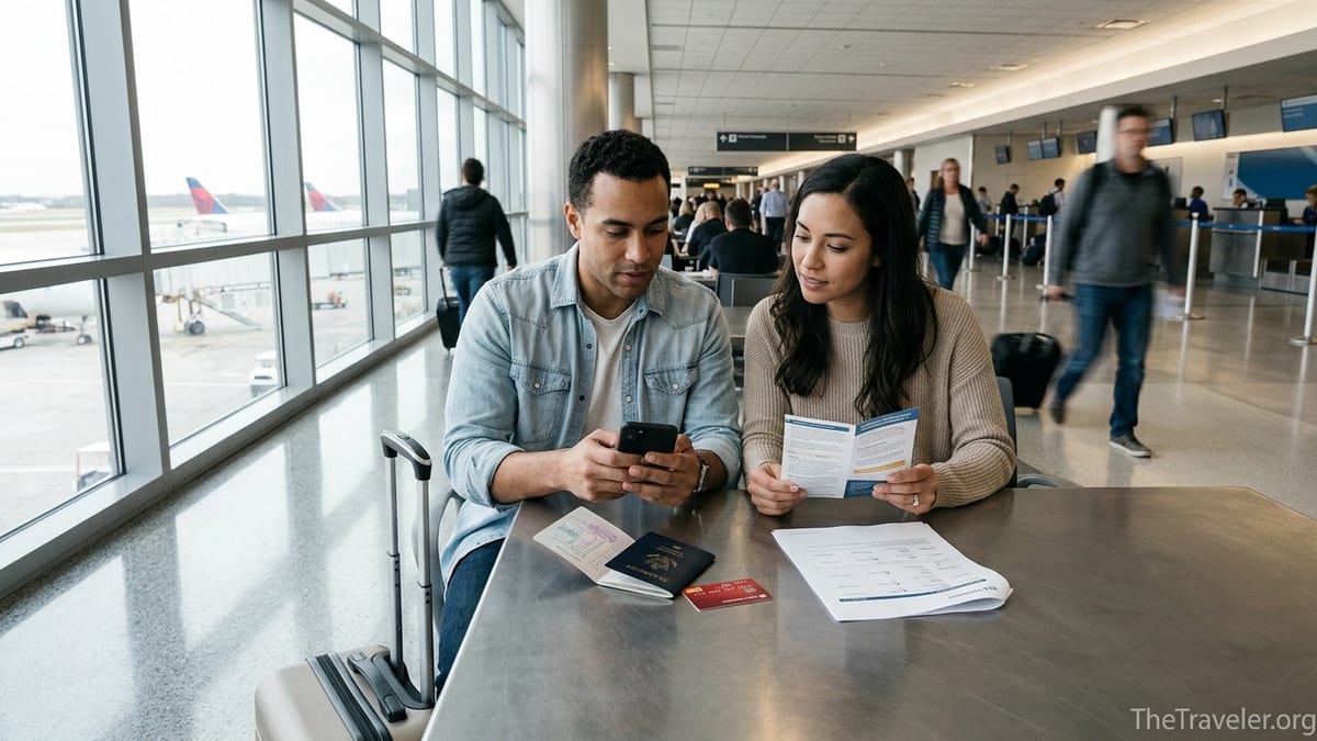 Travelers at an airport table comparing travel insurance documents and a red debit-style card.