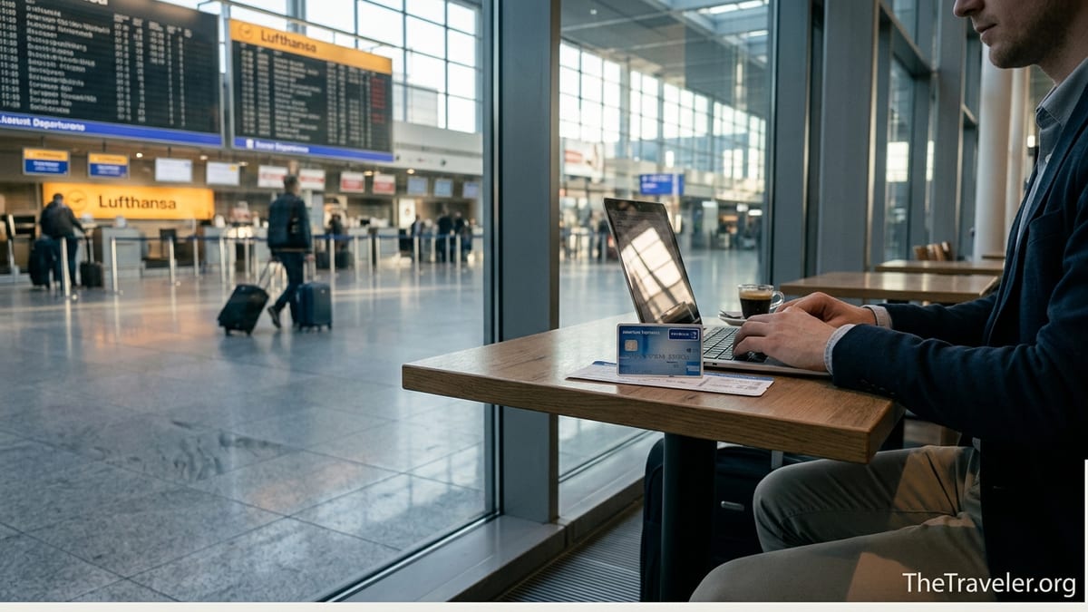 Traveler at an airport café using a card and laptop with planes visible through large windows.
