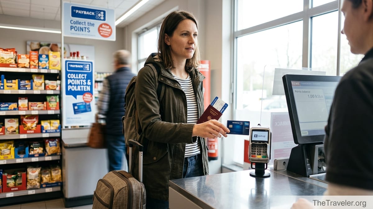 Traveler using a PAYBACK American Express card at a German supermarket checkout.