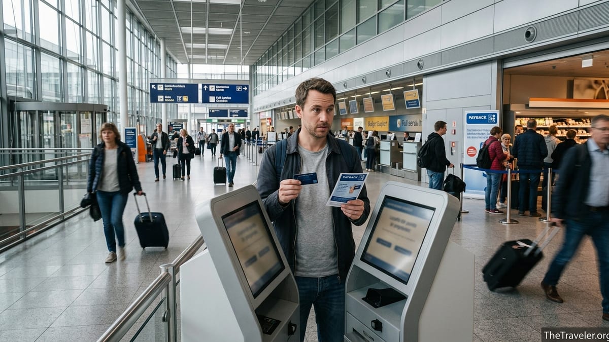 Traveler in a German airport holding an American Express and PAYBACK leaflet at a check-in kiosk.