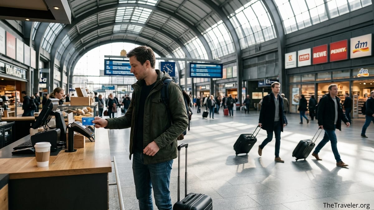 Traveler in a German station paying with a PAYBACK American Express card at a café.