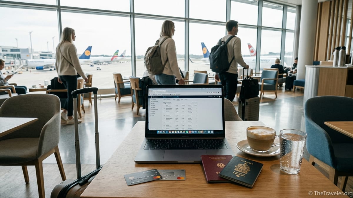 Travelers in an airport lounge comparing two credit cards beside passports and coffee.