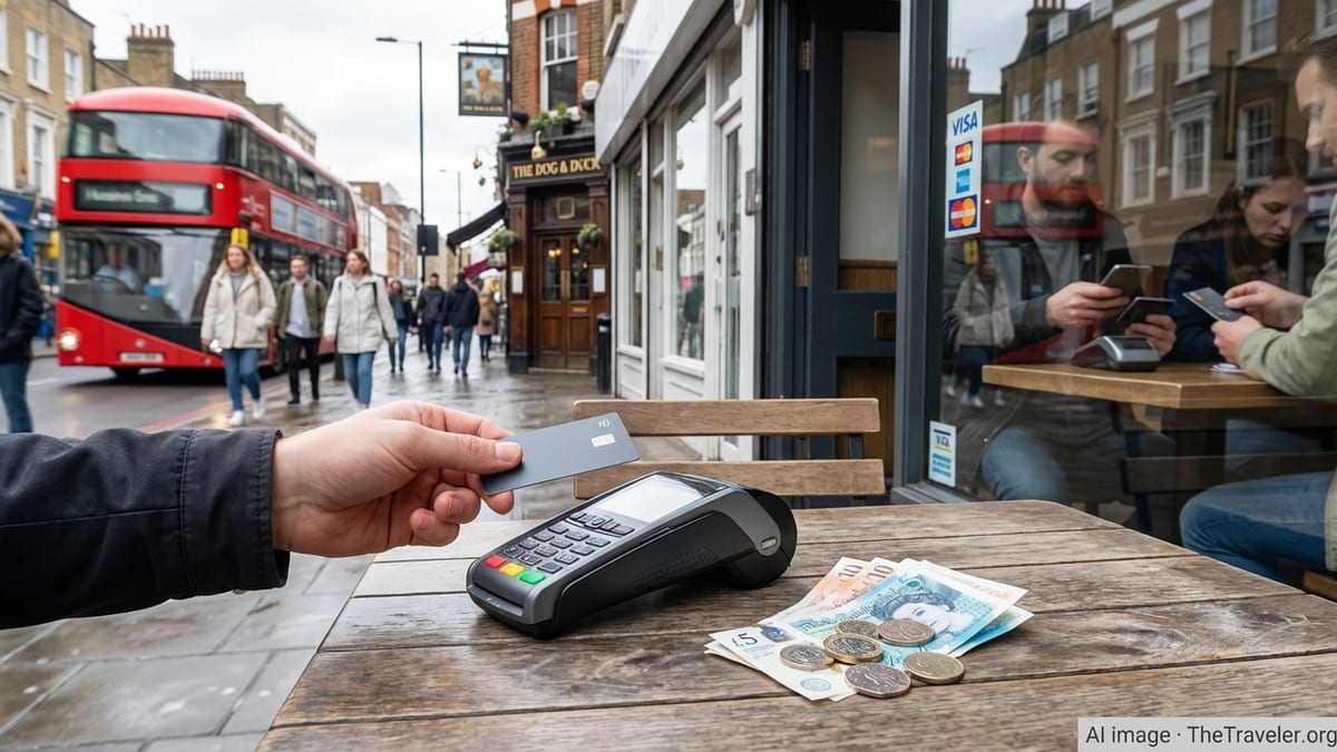 Traveller paying by contactless card at a London cafe table beside British cash.