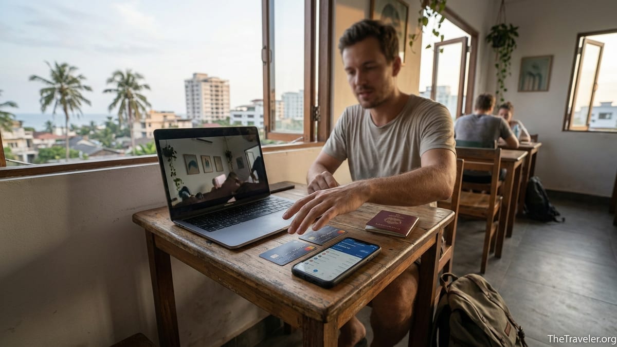 Digital nomad in a coworking space abroad managing multiple bank cards and a laptop.