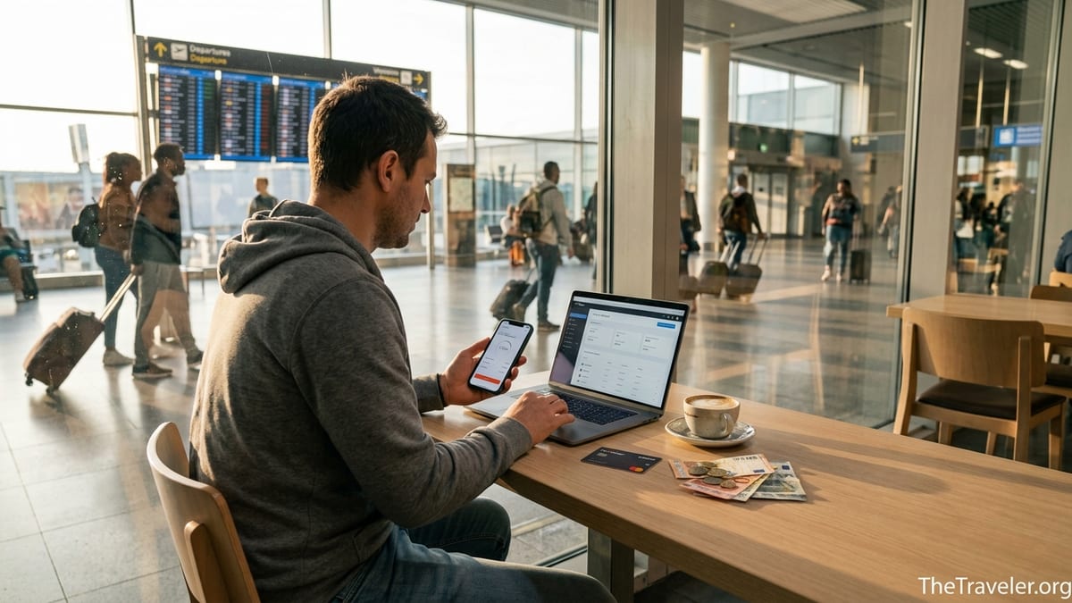 Traveler in an airport using a Payoneer card and phone to manage global payments.