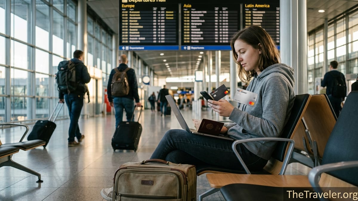 Traveler in an airport comparing a Payoneer card and bank card while planning trip.