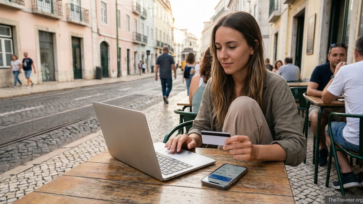 Digital nomad paying with a card while working on a laptop at an outdoor Lisbon café.