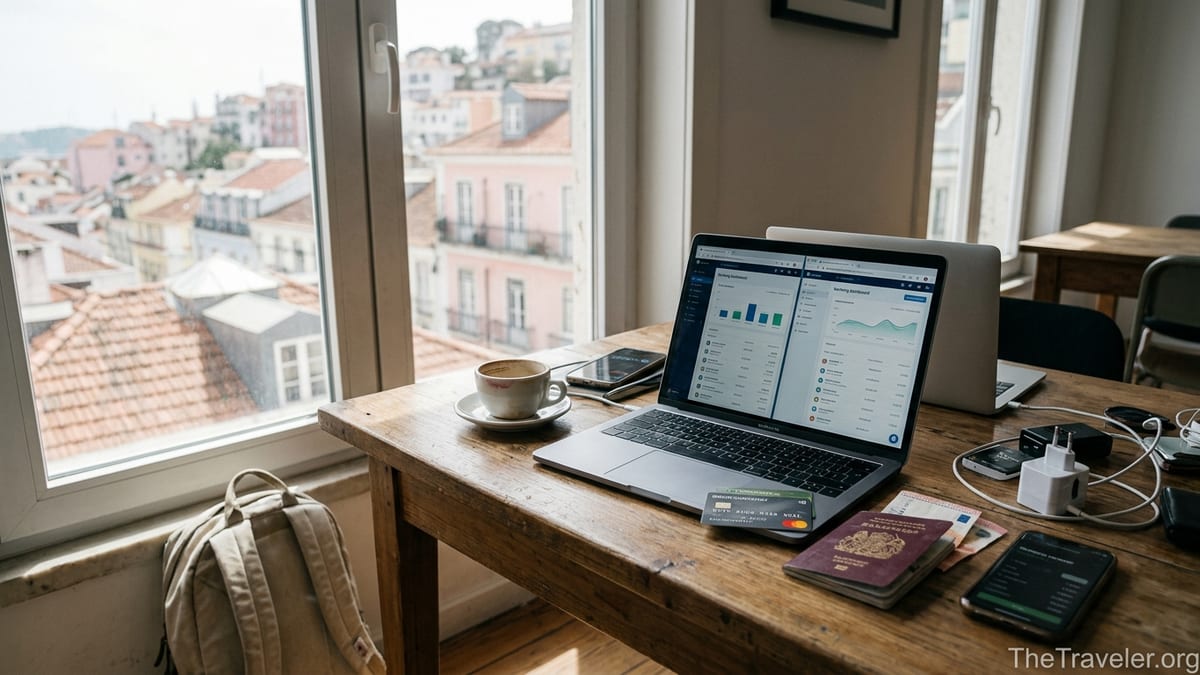 Remote worker comparing two international payment services on a laptop in a Lisbon coworking space.