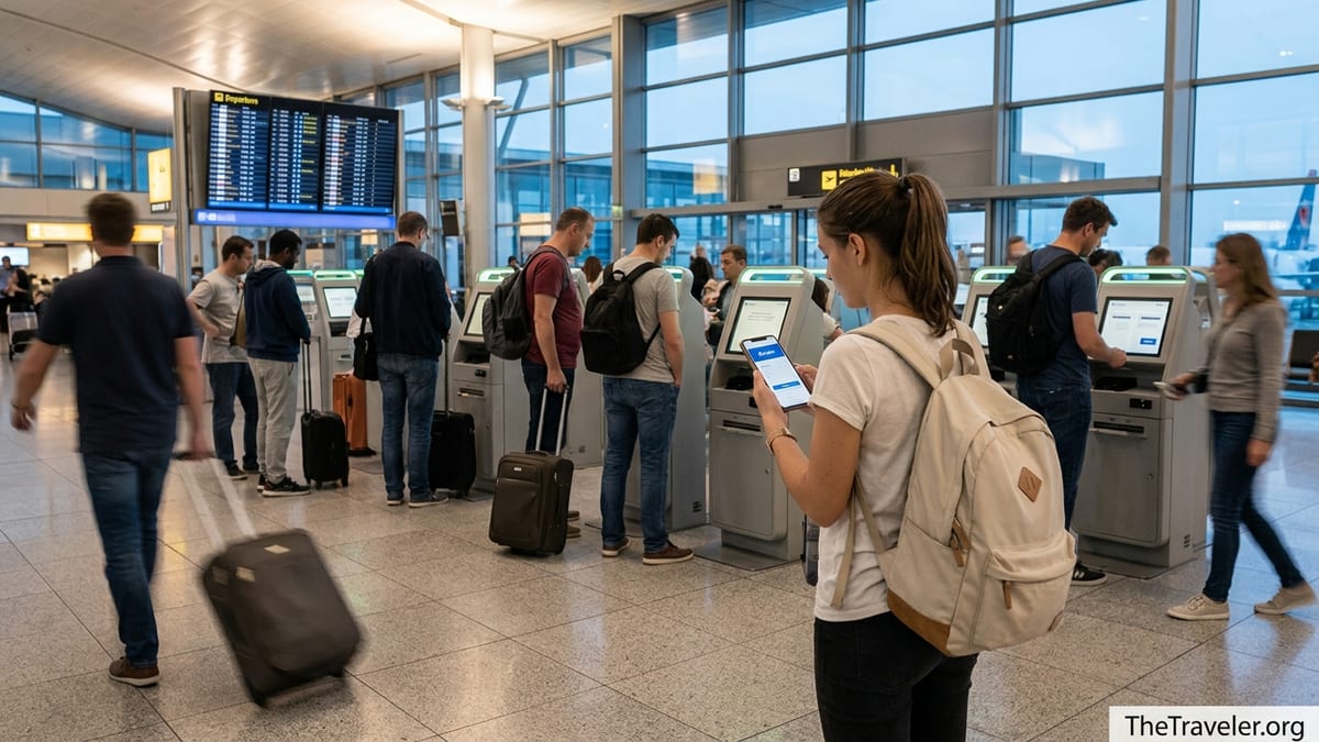 Traveler using PayPal on a smartphone at an airport check in area.