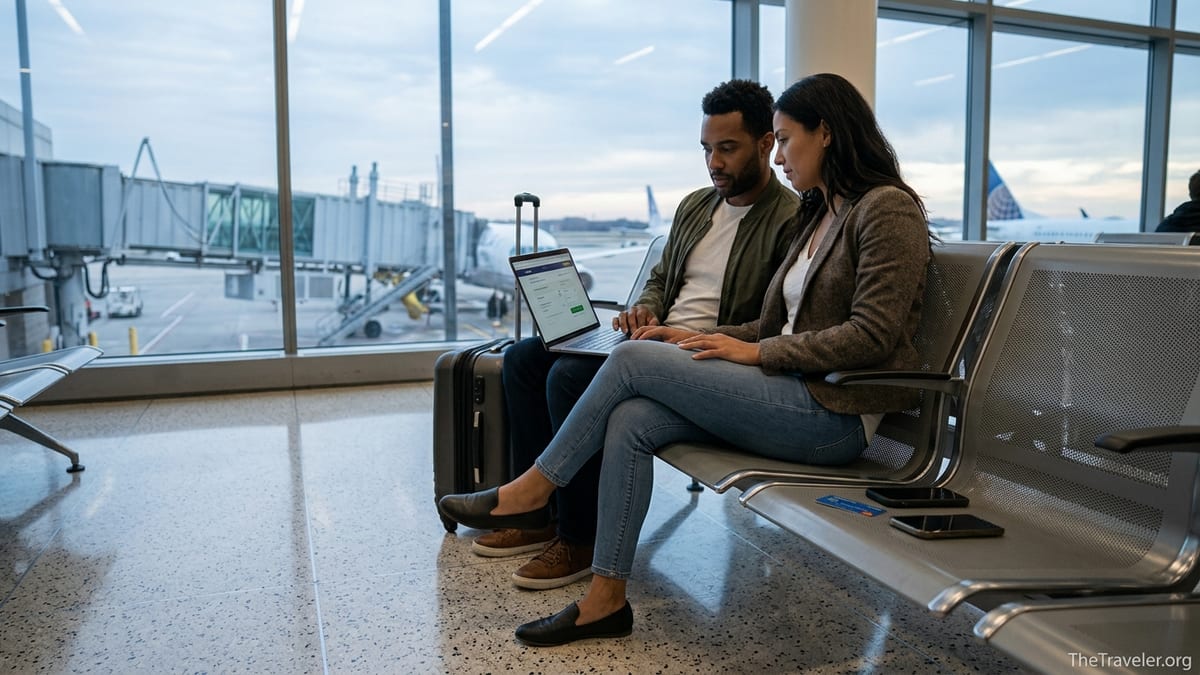Travelers in an airport booking a trip on a laptop using a pay later option.