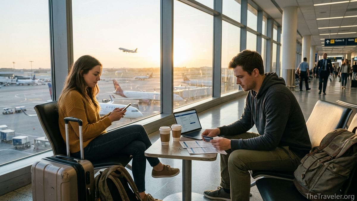 Travelers in an airport lounge debating payment options for their trip.