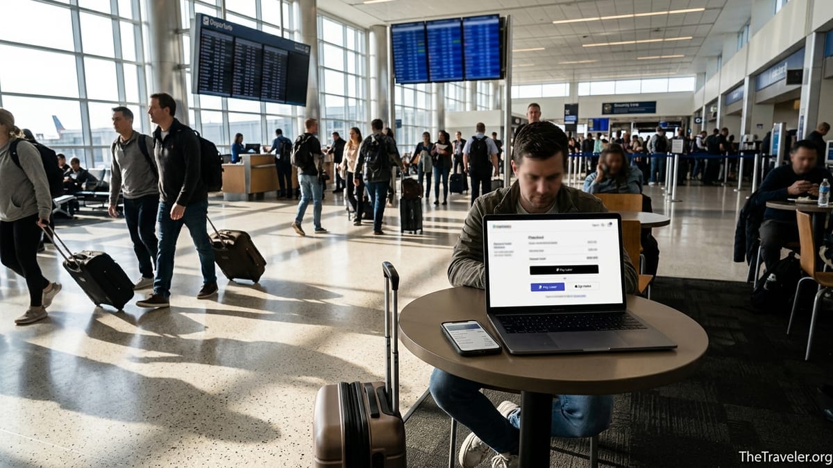 Traveler at an airport café reviewing a Pay Later checkout screen before booking a trip.
