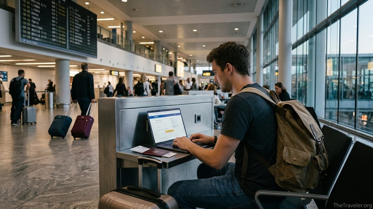 Traveler in an airport using a laptop to book a flight with PayPal at a charging station.