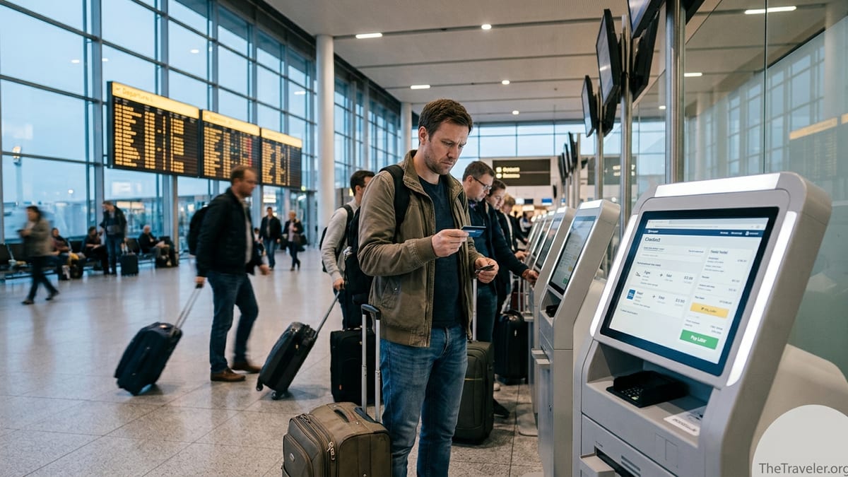 Traveler hesitating at an airport check-in kiosk with a Pay Later option on screen.