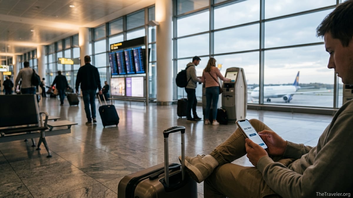 Traveler at airport checking a pay later option on their phone before a flight
