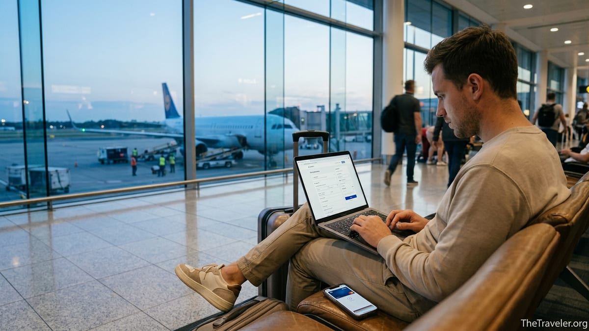 Traveler in an airport lounge reviewing pay-later options on a laptop before booking a flight.