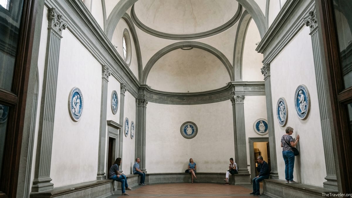 Interior of the Pazzi Chapel in Florence showing central dome, gray stone arches and blue terracotta medallions.