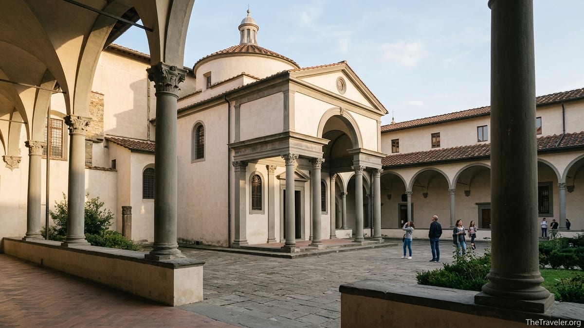 Portico of the Pazzi Chapel opening onto the quiet cloister of Santa Croce in Florence at late afternoon.