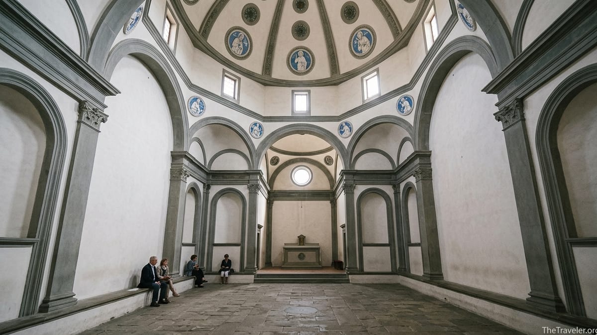 Interior of the Pazzi Chapel in Florence showing grey stone arches, white walls, and a domed ceiling with terracotta medallia