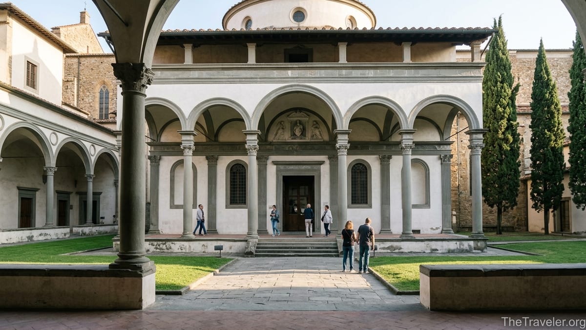 Pazzi Chapel portico in the cloister of Santa Croce in Florence on a sunny afternoon.