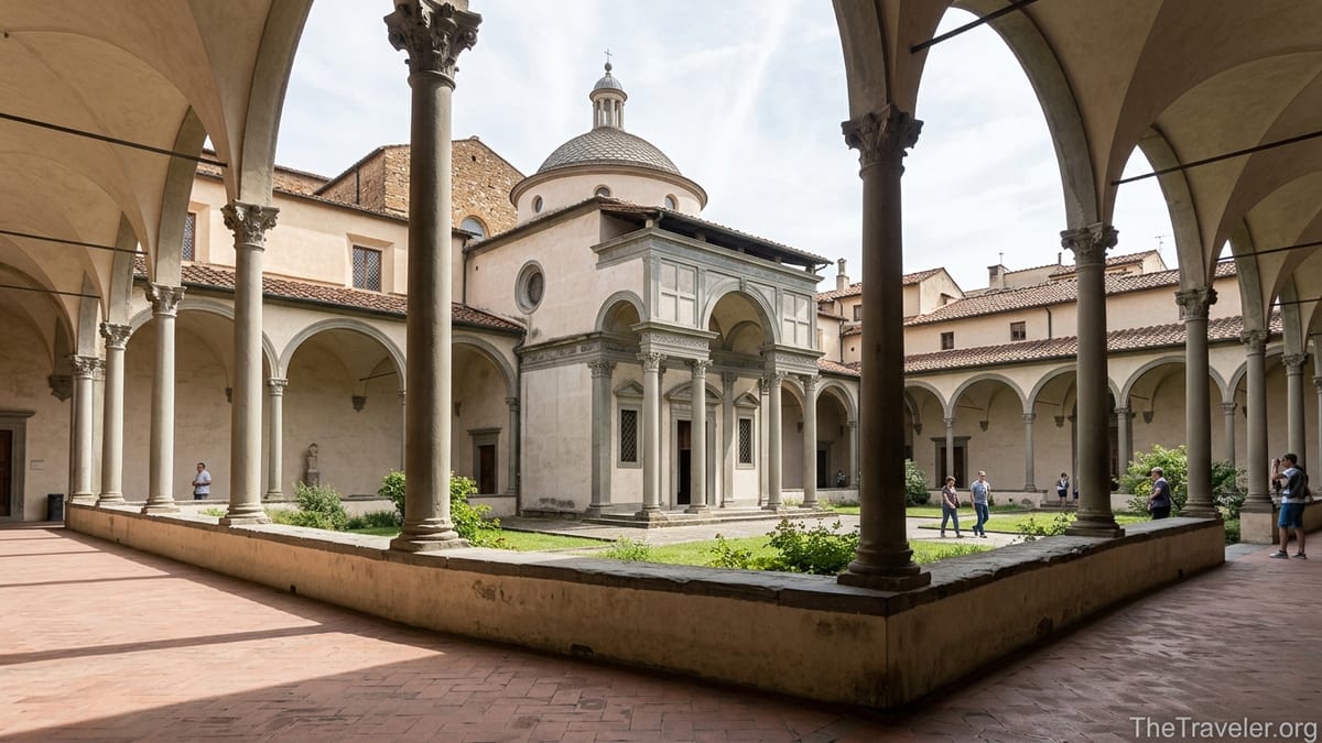 Cloister view of the Pazzi Chapel at Santa Croce in Florence on a bright day