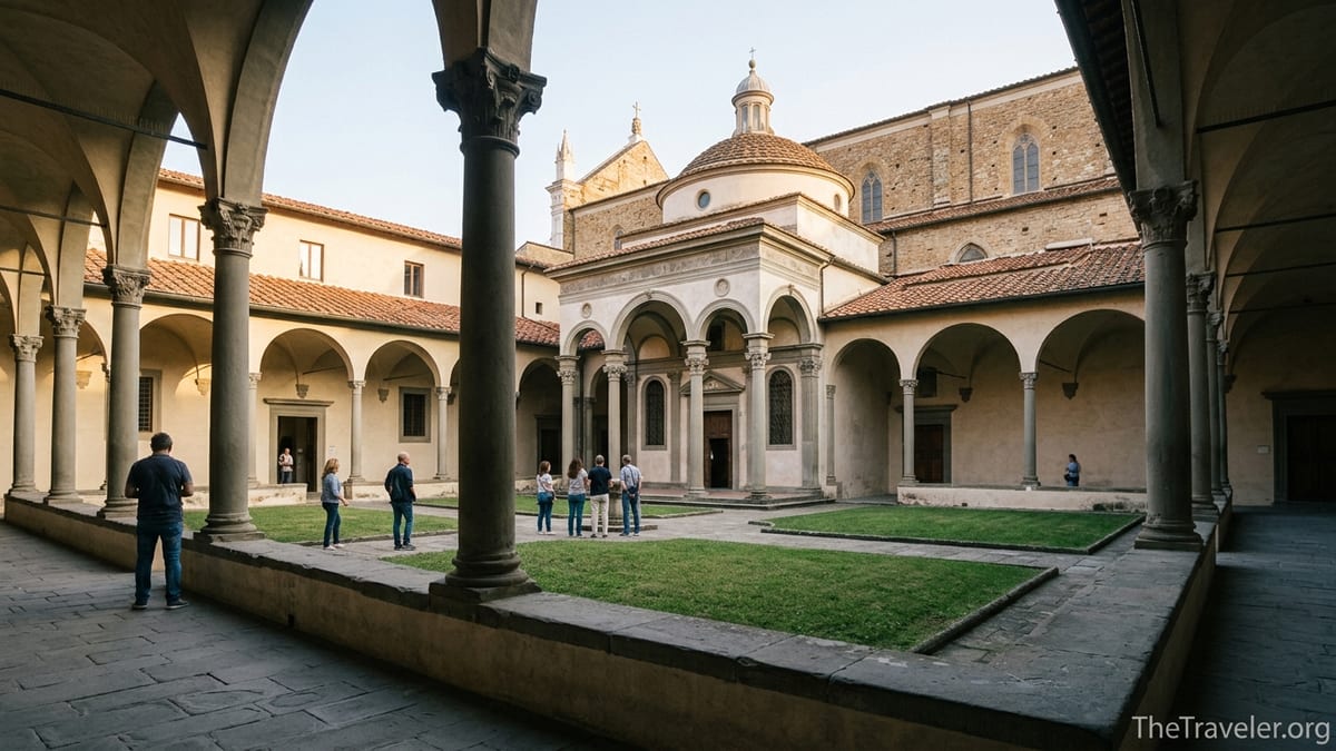 View of the Pazzi Chapel from the cloister of Santa Croce in Florence with a few visitors walking.