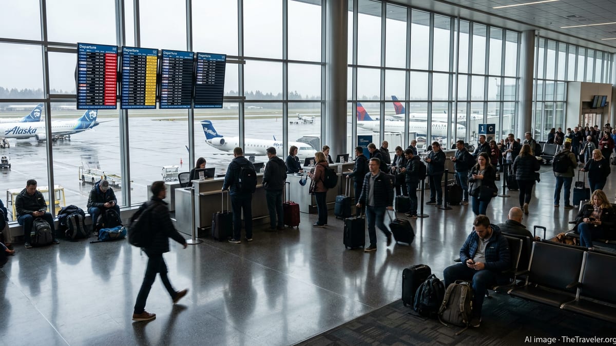 Crowded terminal at Portland International Airport with canceled and delayed flights on departure boards.
