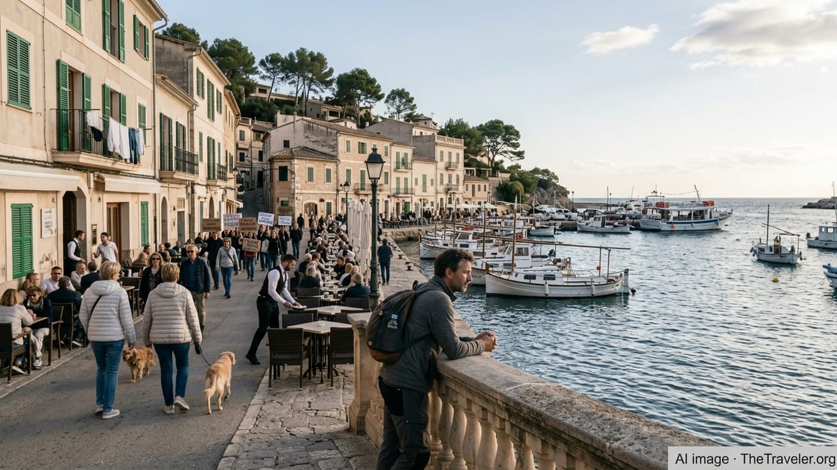 Crowded Mediterranean waterfront in late afternoon with a reflective solo traveler overlooking a busy bay.