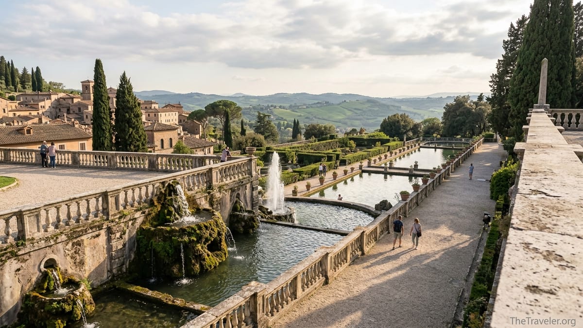View over Villa d’Este’s fountains and Tivoli’s hills in soft afternoon light.