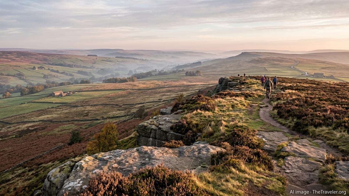 Sunrise over gritstone edges and misty valleys in the Peak District National Park.