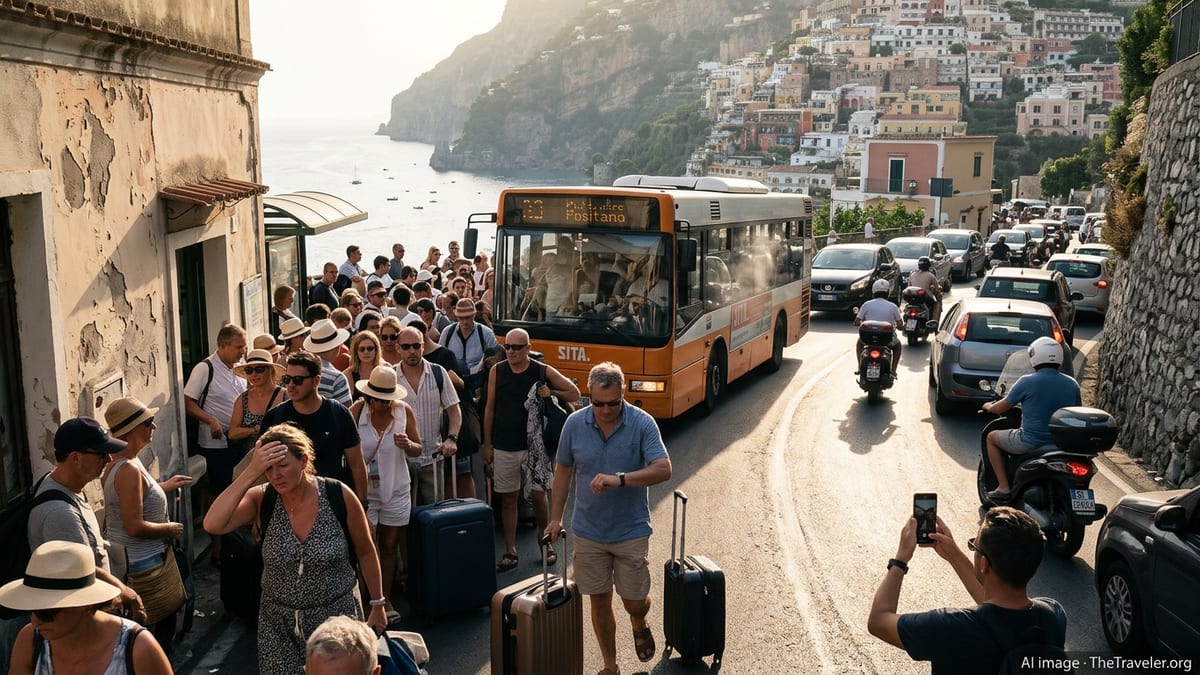 Crowded summer bus stop on the Amalfi Coast with traffic and tourists under harsh afternoon sun.