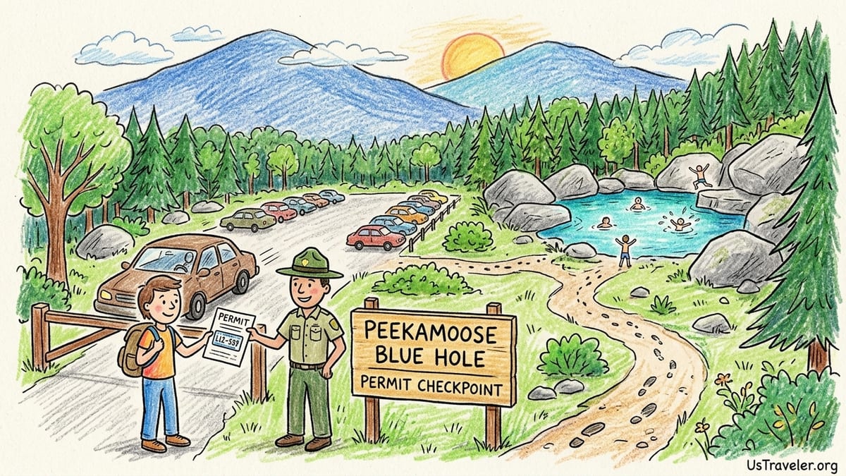 Peekamoose Blue Hole pool in the Catskills with a few swimmers and forested rock shoreline on a sunny summer day.