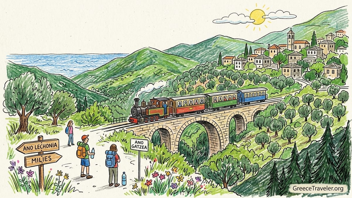 The red Pelion Moutzouris train curves through lush greenery toward a stone bridge near Milies, Greece.