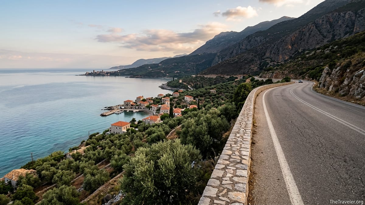 Coastal road above olive groves and a Mani village overlooking the Messinian Gulf at sunrise.