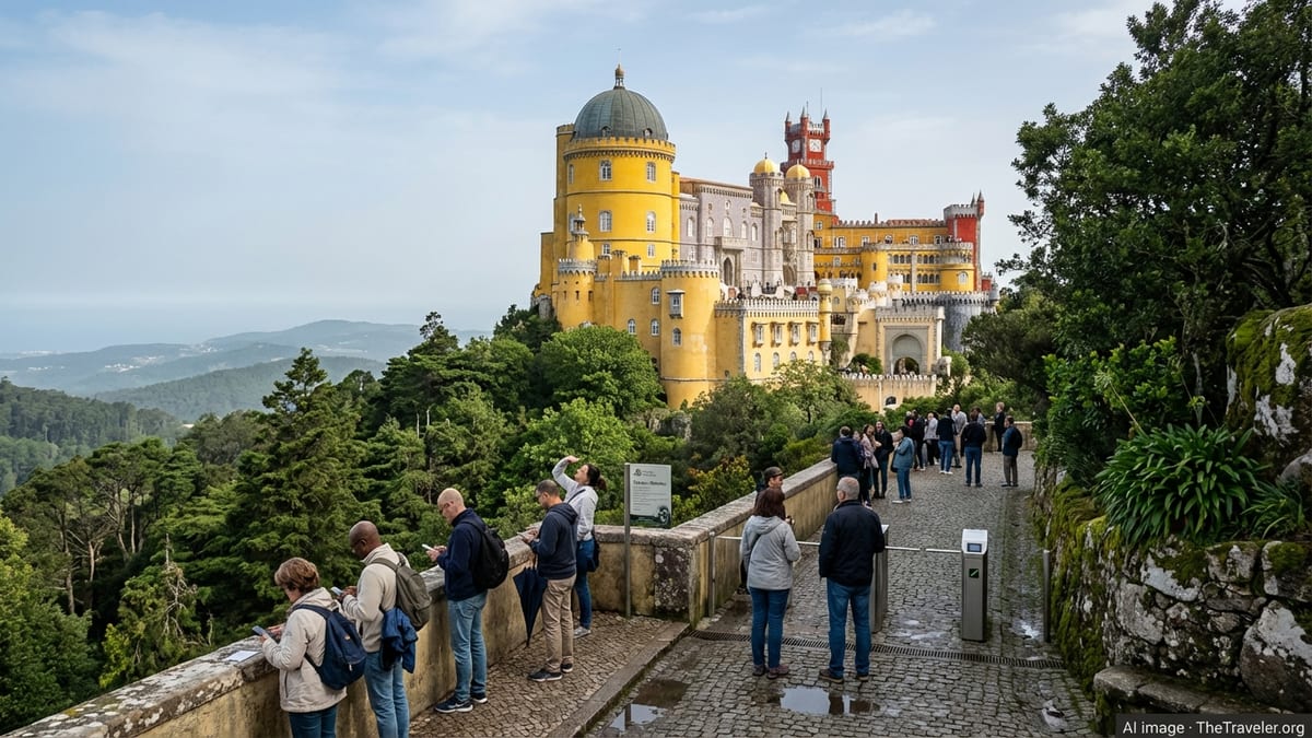 Pena Palace in Sintra, Portugal, with visitors and surrounding greenery.