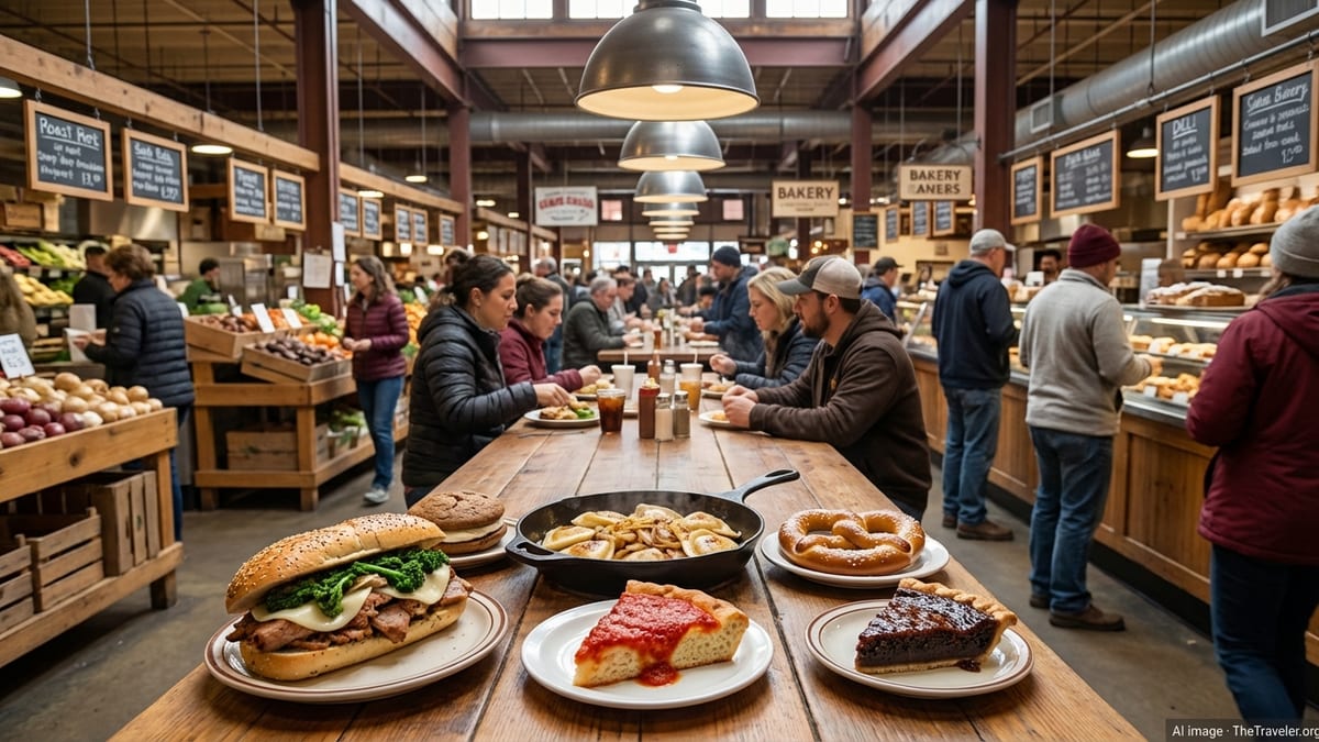Assorted Pennsylvania foods on a table in a busy indoor market in Philadelphia.