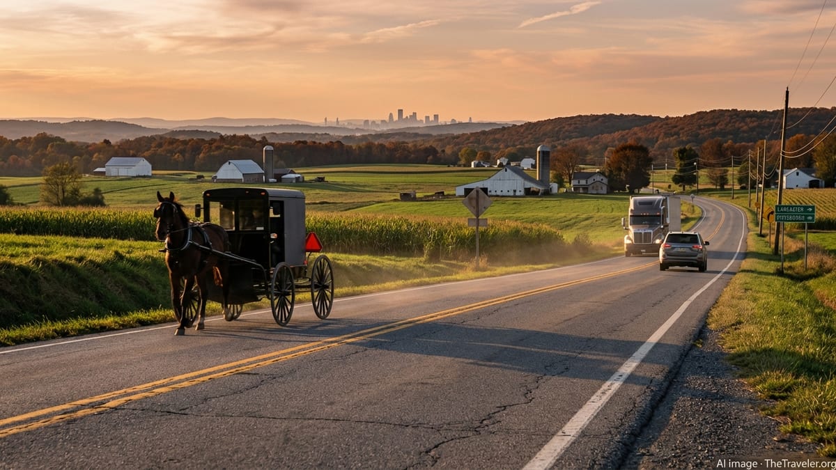 Two-lane Pennsylvania highway at golden hour with Amish buggy and distant traffic crossing rolling farmland and wooded hills.