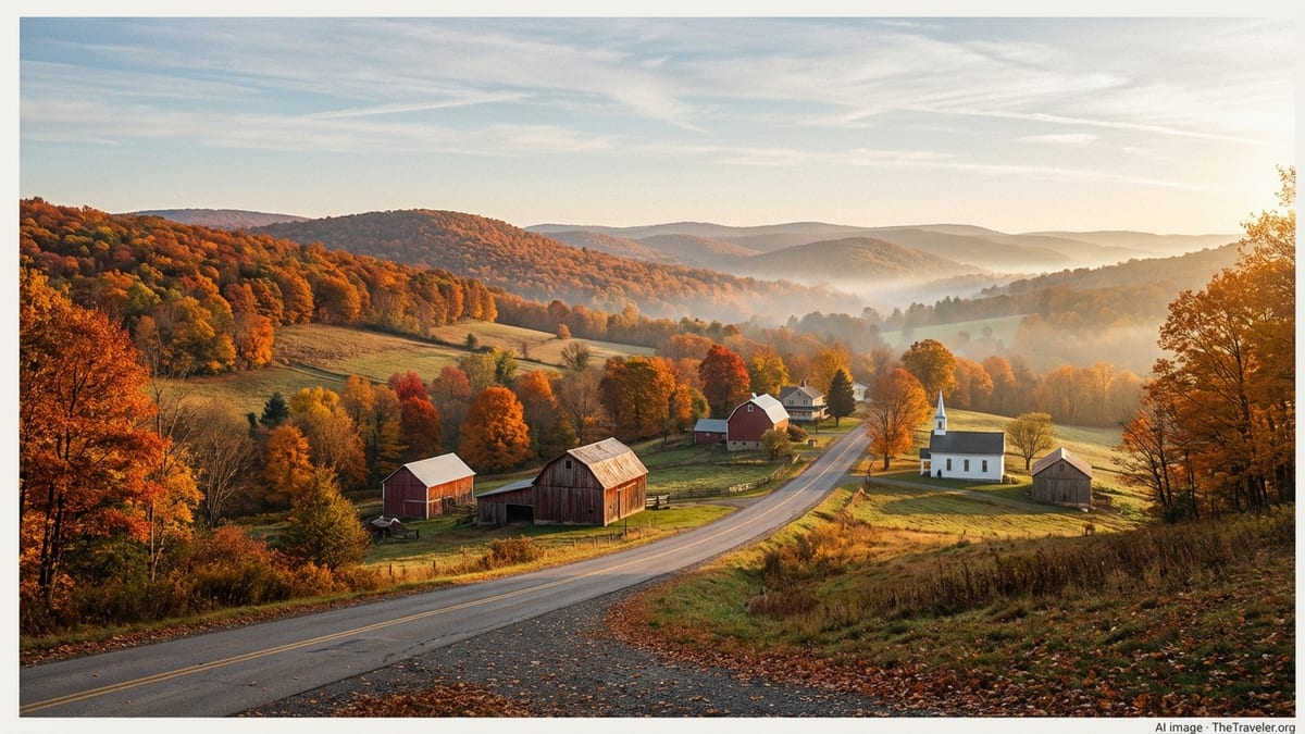Autumn sunrise over Pennsylvania’s Laurel Highlands with rolling forested ridges and a country road winding past farmsteads.