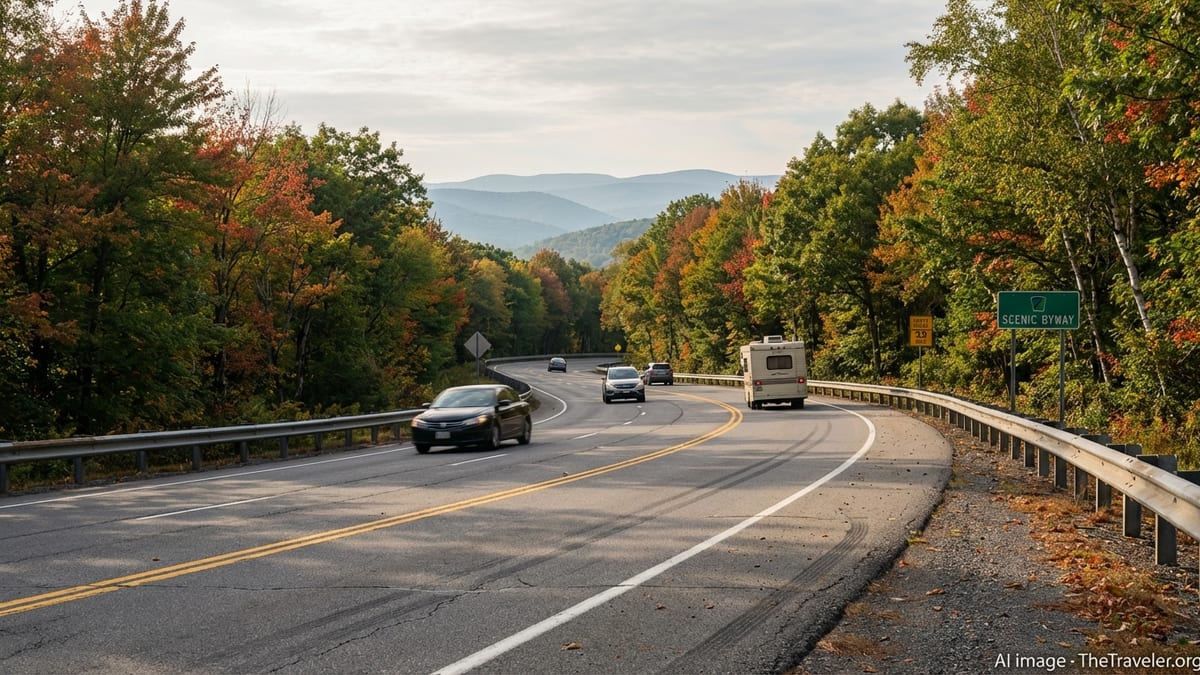 Cars driving along a winding Pennsylvania mountain highway lined with early autumn foliage.