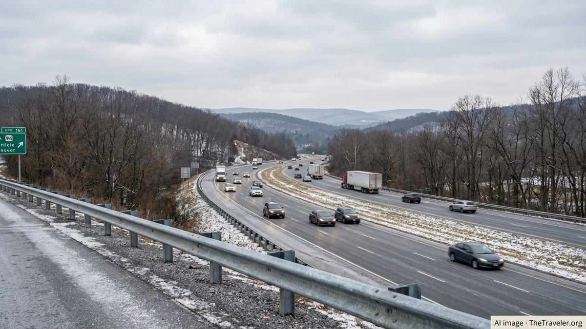 Cars and trucks drive carefully along a curving Pennsylvania highway on an overcast winter day.