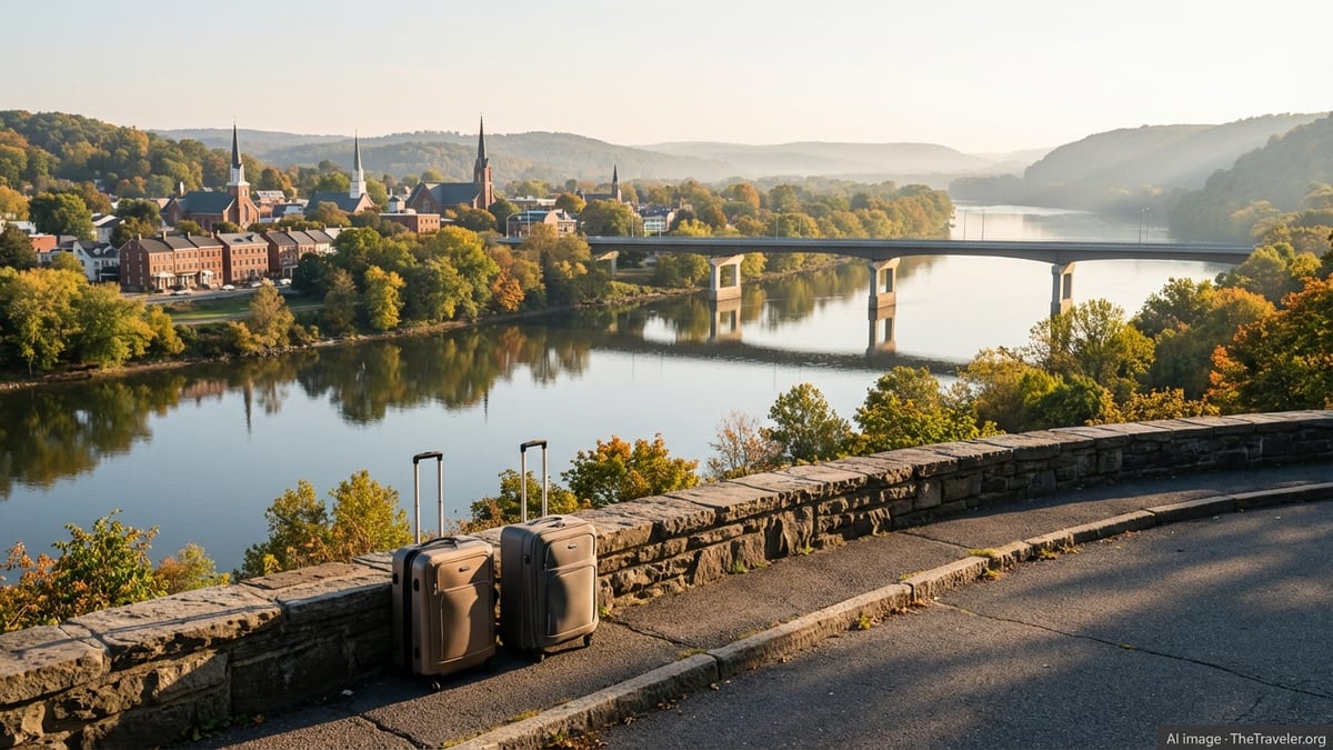 Overlook above a Pennsylvania river town at golden hour with luggage on a stone wall.