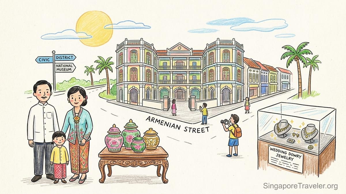 Street view of the Peranakan Museum on Armenian Street in Singapore with visitors outside.