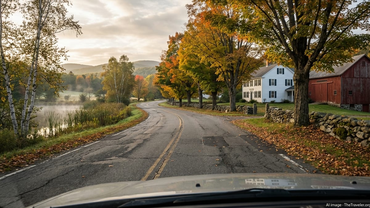 Scenic Connecticut backroad curving past a white farmhouse, red barn and early autumn foliage in the Litchfield Hills.