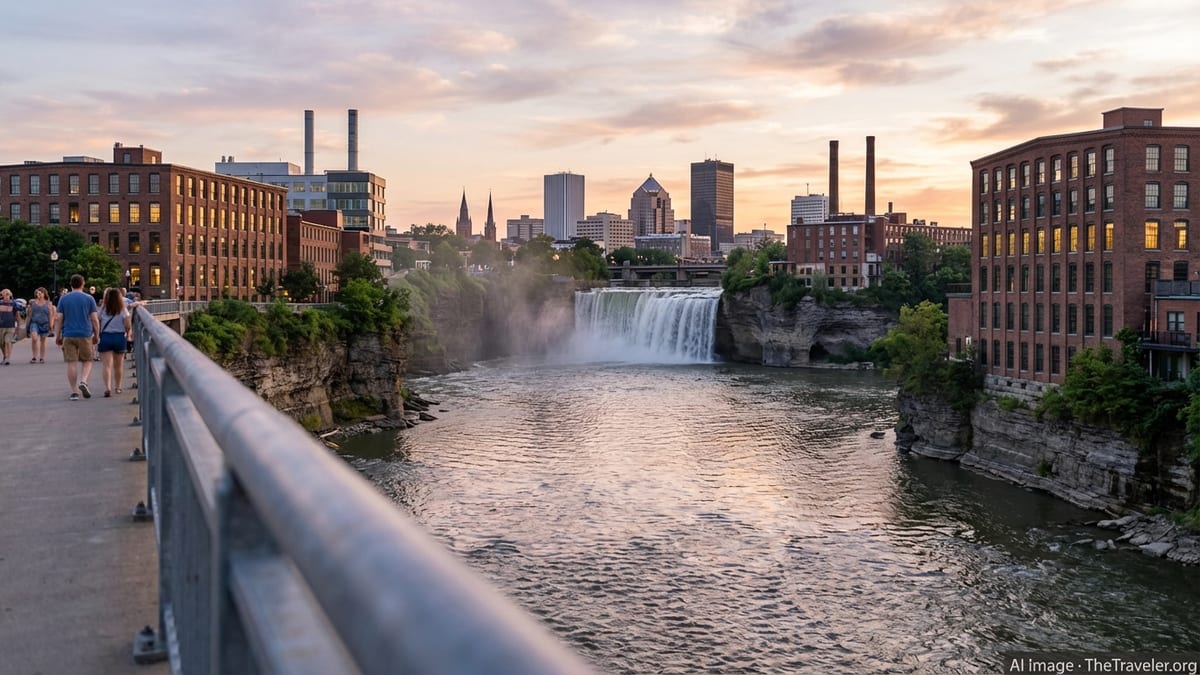 High Falls on the Genesee River with Rochester’s downtown skyline at sunset.