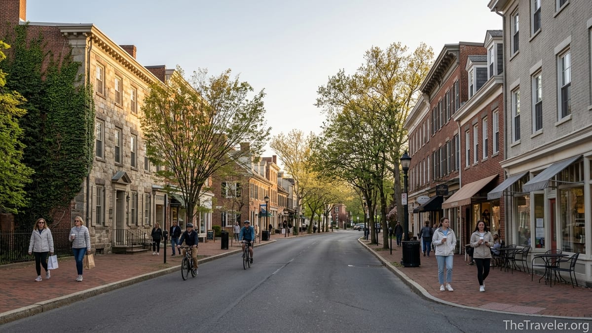 Early evening street view of Nassau Street in Princeton with people walking and cafes lining the sidewalks.