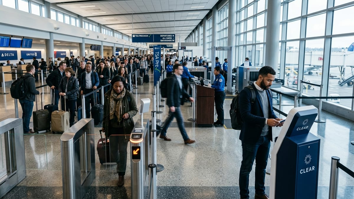 Business travelers using CLEAR lanes beside TSA security at a busy U.S. airport.