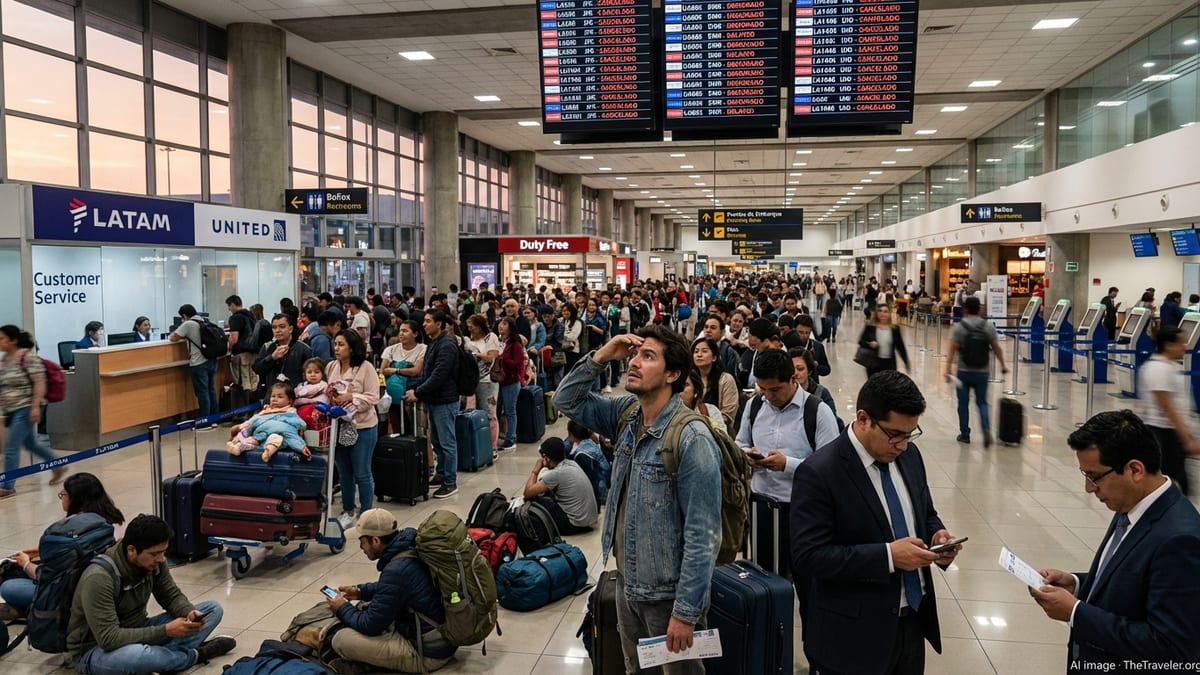 Crowded Lima airport terminal with passengers queuing at LATAM and United desks under boards showing canceled flights.